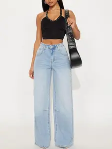 Studded Kiss Embellished Baggy Jeans - Light Wash