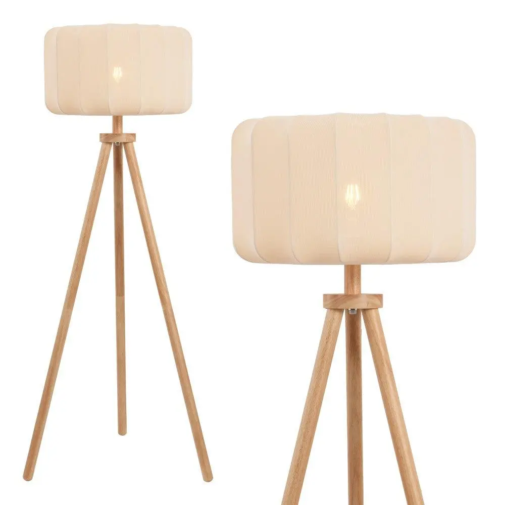 Adriel 52 in Mid-Century Modern Tripod Lamp with Wood Base, Ribbed Cocoon Pumpkin Shade and LED Bulb for Ambient Lighting