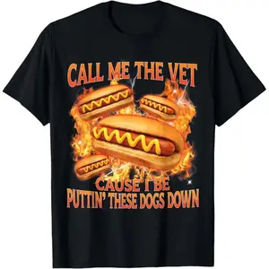 Humorous Hot Dog Meme TShirt Featuring Call Me The Vet Phrase Ideal for Comedy Enthusiasts