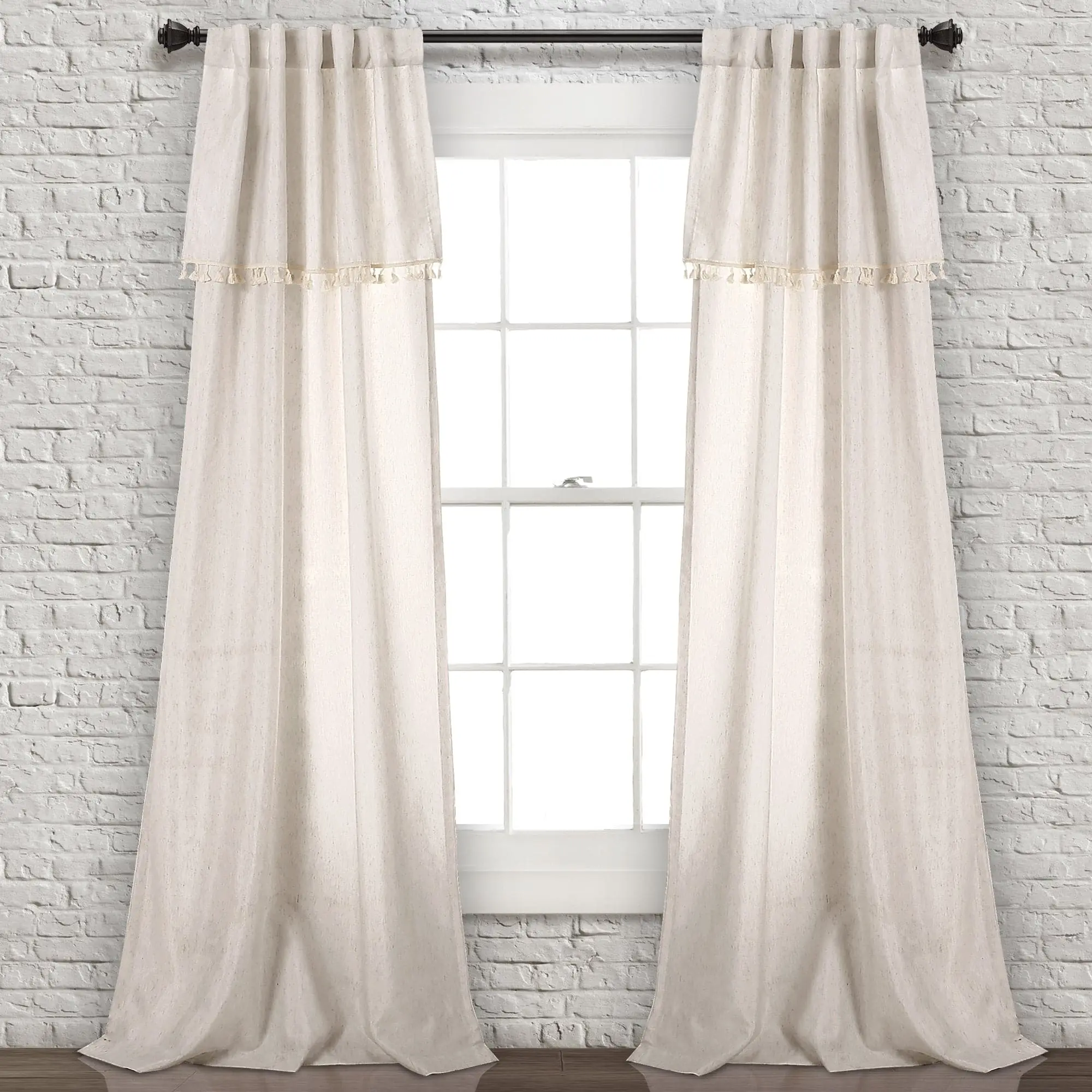 Lush Décor Ivy Tassel Curtain Panel Set - Soft 3%-Nylon 8%-Viscose Fabric, Decorative Tassels, 3" Back Tab Rod Pocket, 40"W x 63"/84"/95"L, Neutral/Gray, Machine Wash, Window Hanging for Minimalist Living Room