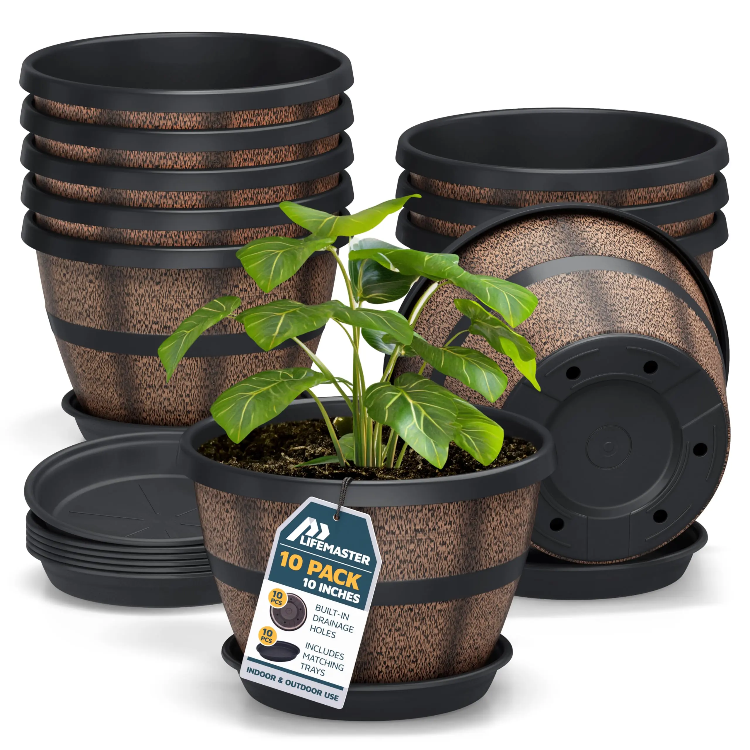 10-Inch Whiskey Barrel Planters Pack of 10, Durable Plastic Pots with Drainage & Saucer for Indoor Outdoor Plants