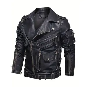 Men's Retro Biker Jacket - Stylish Black, Loose Fit, Durable Polyester, Multiple Zippers & Studded Details for Spring & Fall Menswear Coats