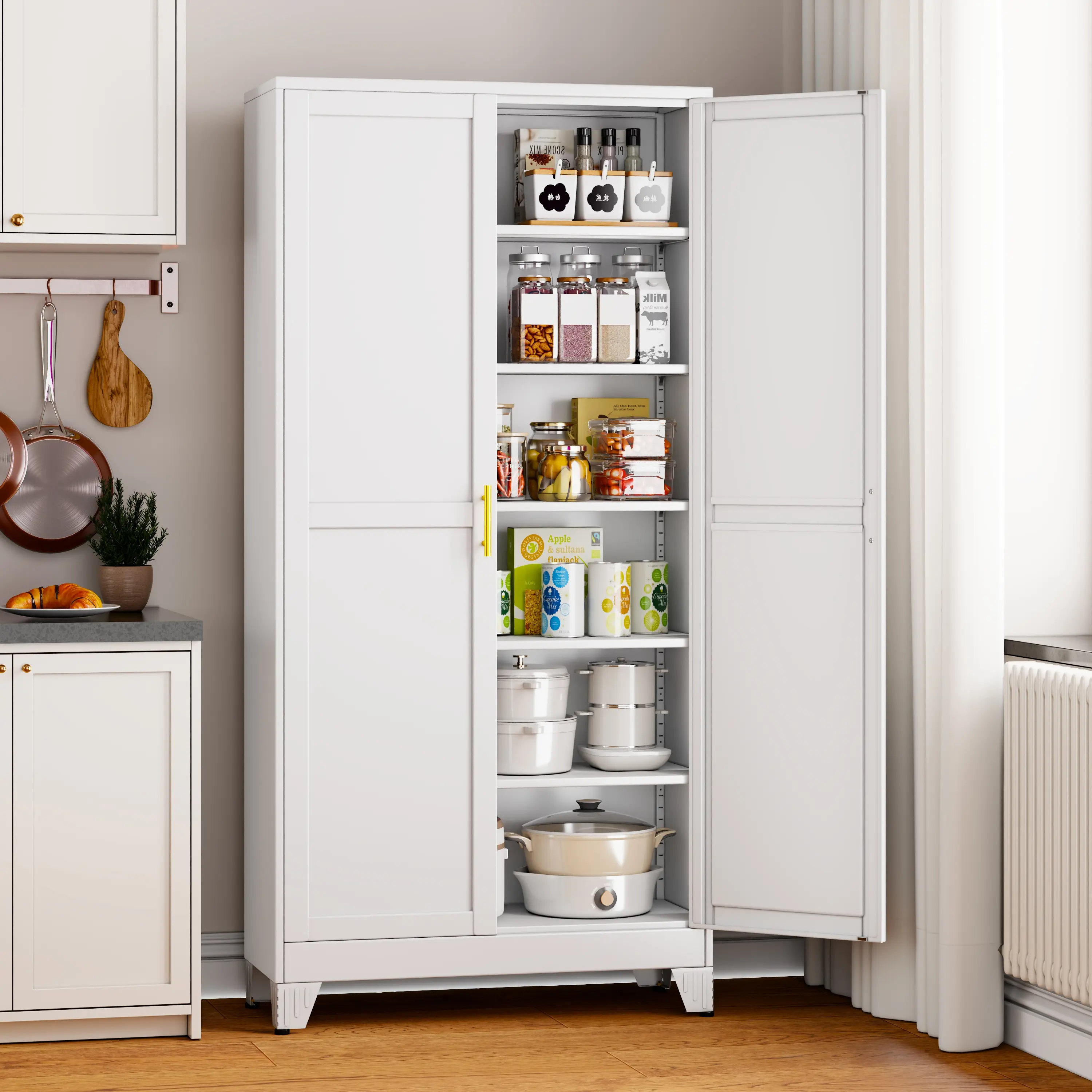 75" Tall Newly Upgraded  Metal Storage Cabinet with 2 Doors & 5 Adjustable Shelves, 6-Tier Freestanding Steel Kitchen Pantry Cupboard for Kitchen, Office, Dining Room & Garage