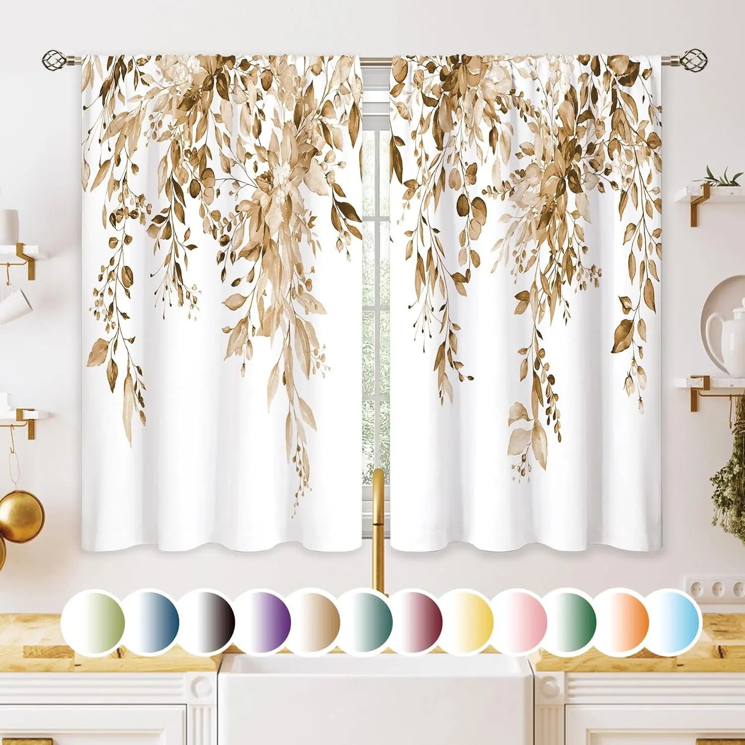 Eucalyptus Botanical Leaves Floral Kitchen Window Curtains over Sink Farmhouse Flower Leaf Small Window Treatment Tan Floral Cafe Short Curtains for Bathroom Treatment Tier Drapes 27.5x39 inch
