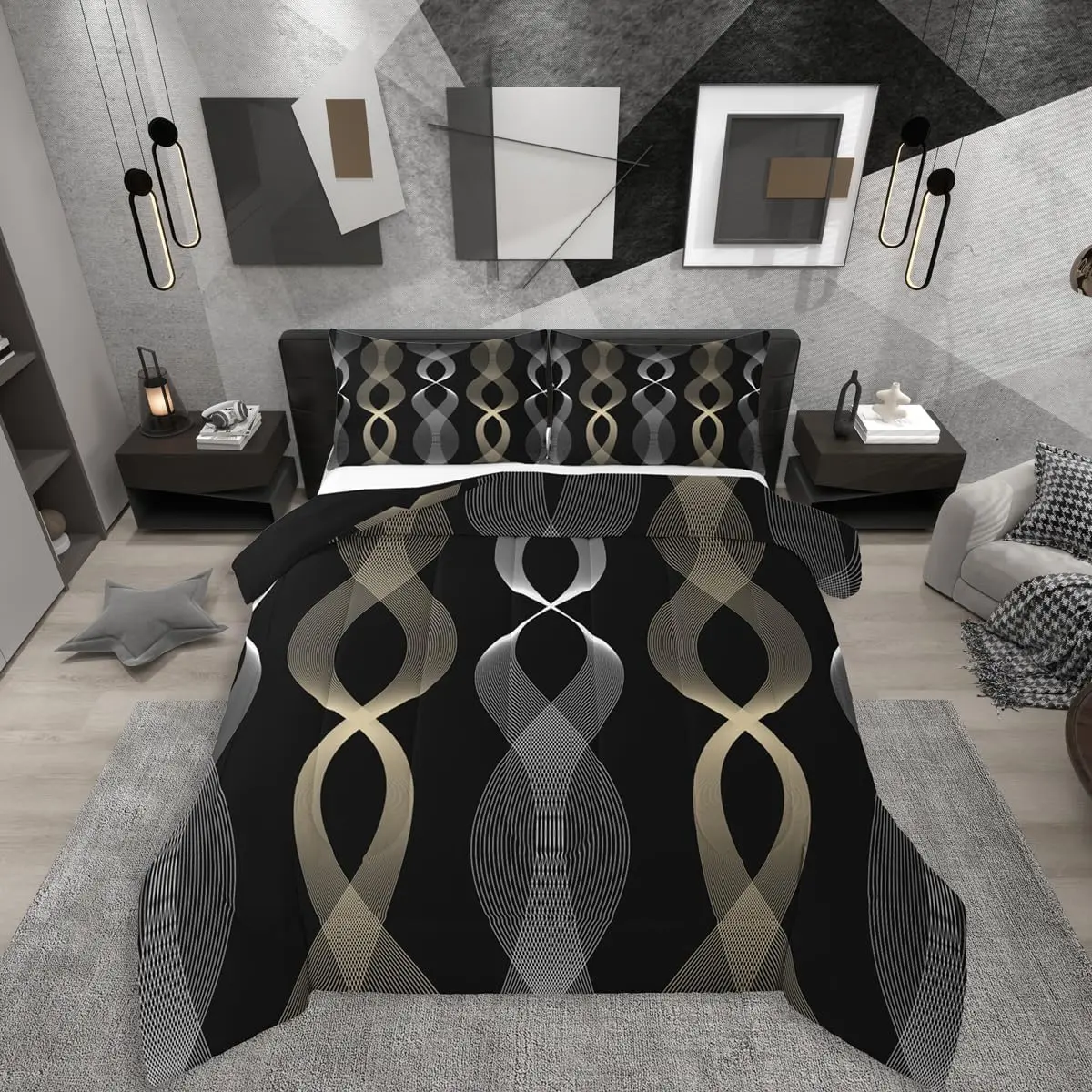Feelyou Queen Size Decorative Bedding Set - Breathable Microfiber, Black and Gold Stripe Duvet, Boho Ombre Geometric Artistic Quilt, Multi-Size Option, for Modern Bedroom Contemporary Home Decor, Set Includes Core Bedding Pieces
