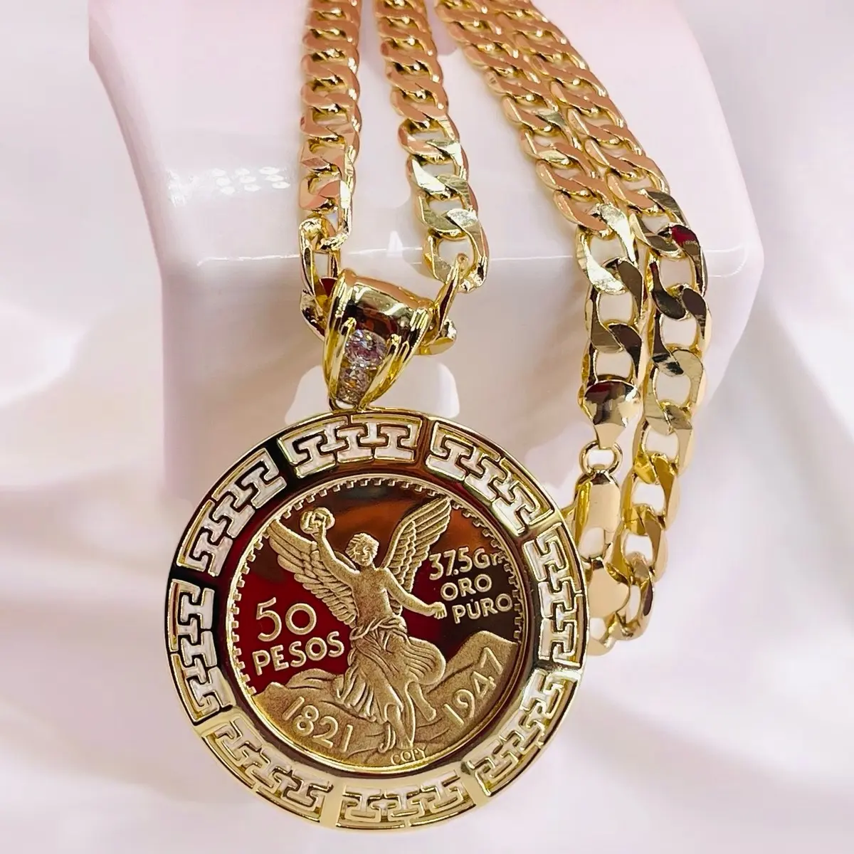 Centenario Men's 14k Gold Plated 24-in Necklace Chain, 2.5-in Width Viva Mexico Color, Classic Unisex Male Pendant, Daily Elegant Fashion Costume Jewelry Accessory