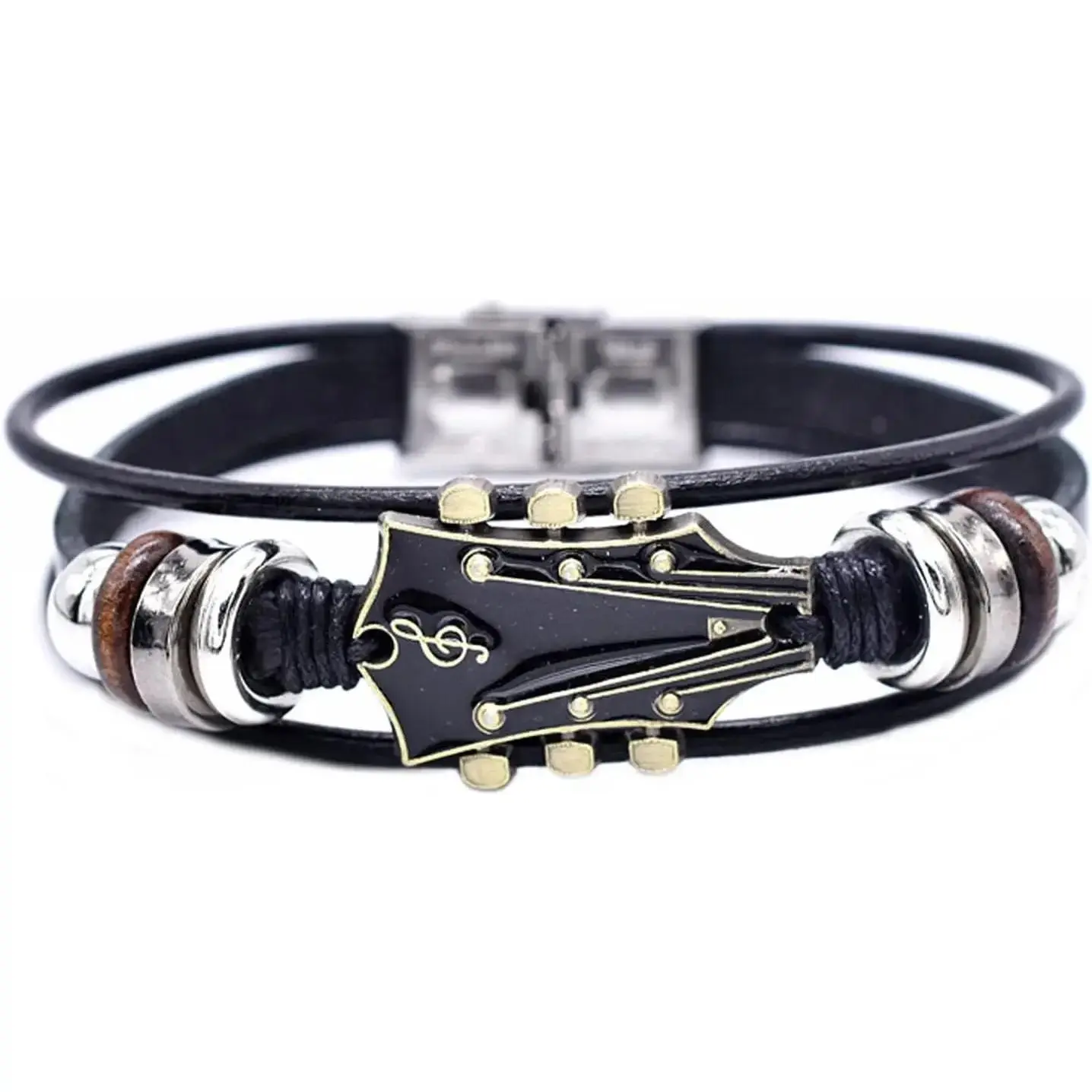 Retro Faux Leather Guitar Bracelet, Zinc Alloy Rock Music Guitar Leather Bracelet Punk Handmade Braided Multi-Layer Wrap Guitar Shape Decorative Cuff Bracelet Musical Enthusiast Gift