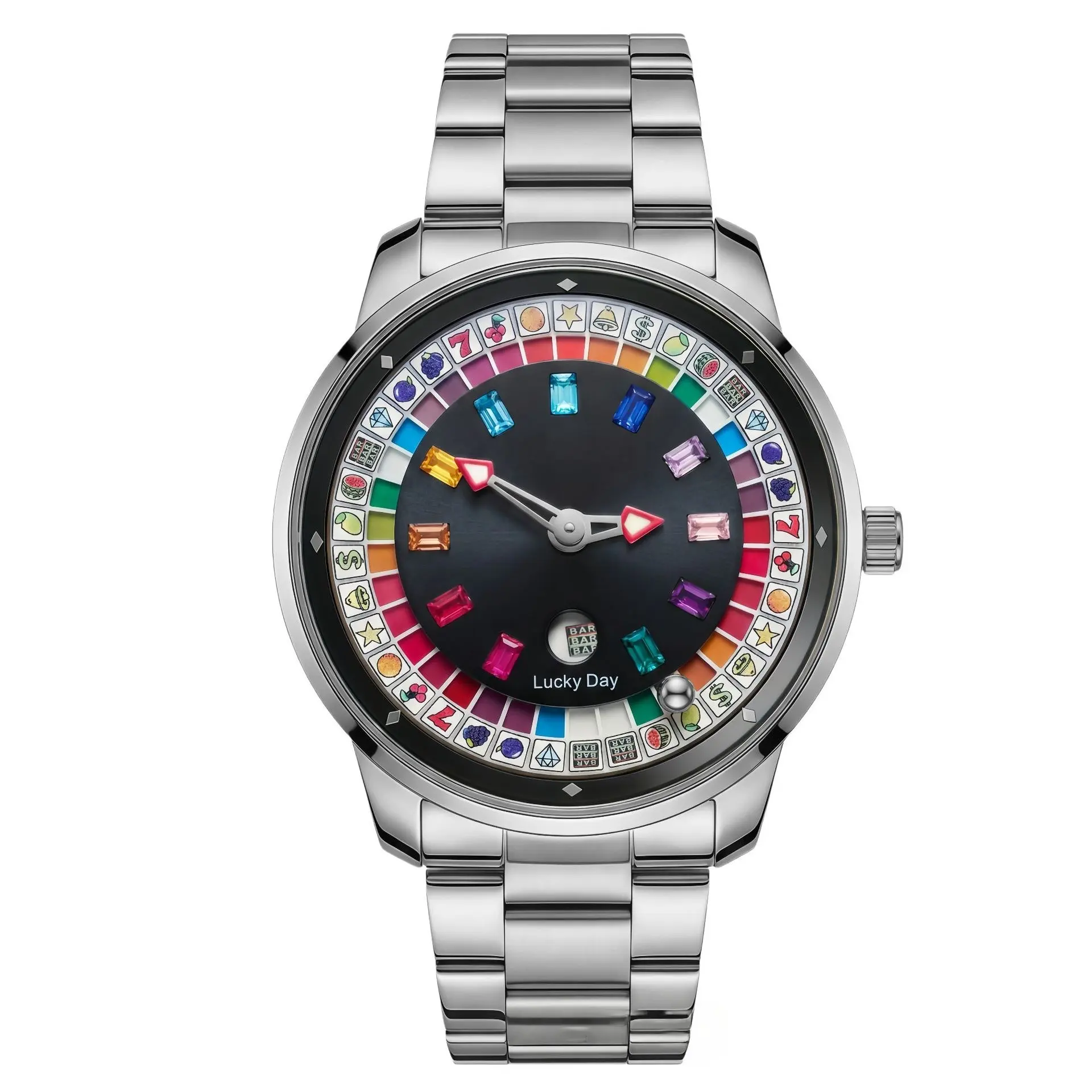 Men’s High Quality Analog Quartz Luxury Dress Watch - Exquisite Male Watch with Gemstone Accents, Round Face, Multicoloured Zircon-Inlaid Dial, Fruit Symbols Rotating Inner Ring, Polished Solid Metal Case, Silver/Rose Gold Formal Timepiece, Analog Quartz