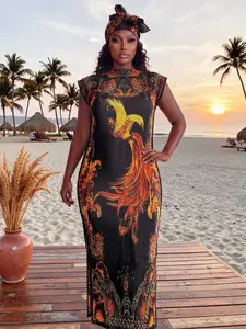 Women's Elegant Floral Print Long Dress Set, Slim-Fitting Momo Robe & Scarf, Beach Sun Protection Satin Shawl, All Seasons Fashion, Elegance