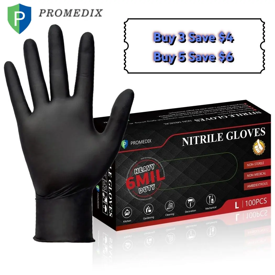 PROMEDIX P Heavy Duty Nitrile Gloves, 6mil Thickened Rugged Nitrile Material, 100-Count Black Disposable Waterproof Latex-Free Powder-Free Pet Hair Remover Gloves for Industrial Auto Repair, Home Care Cleaning, Thickened Cleaning Gloves