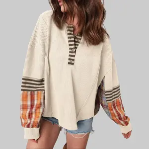 Dear-Lover Women's 2025 Fall Light Brown Striped Waffle Plaid Henley Neck Comfortable Longsleeve Knitting Top - Patchwork Design, Drop Shoulder, Button Detail, Boho Casual Jumper for Women's Outfits
