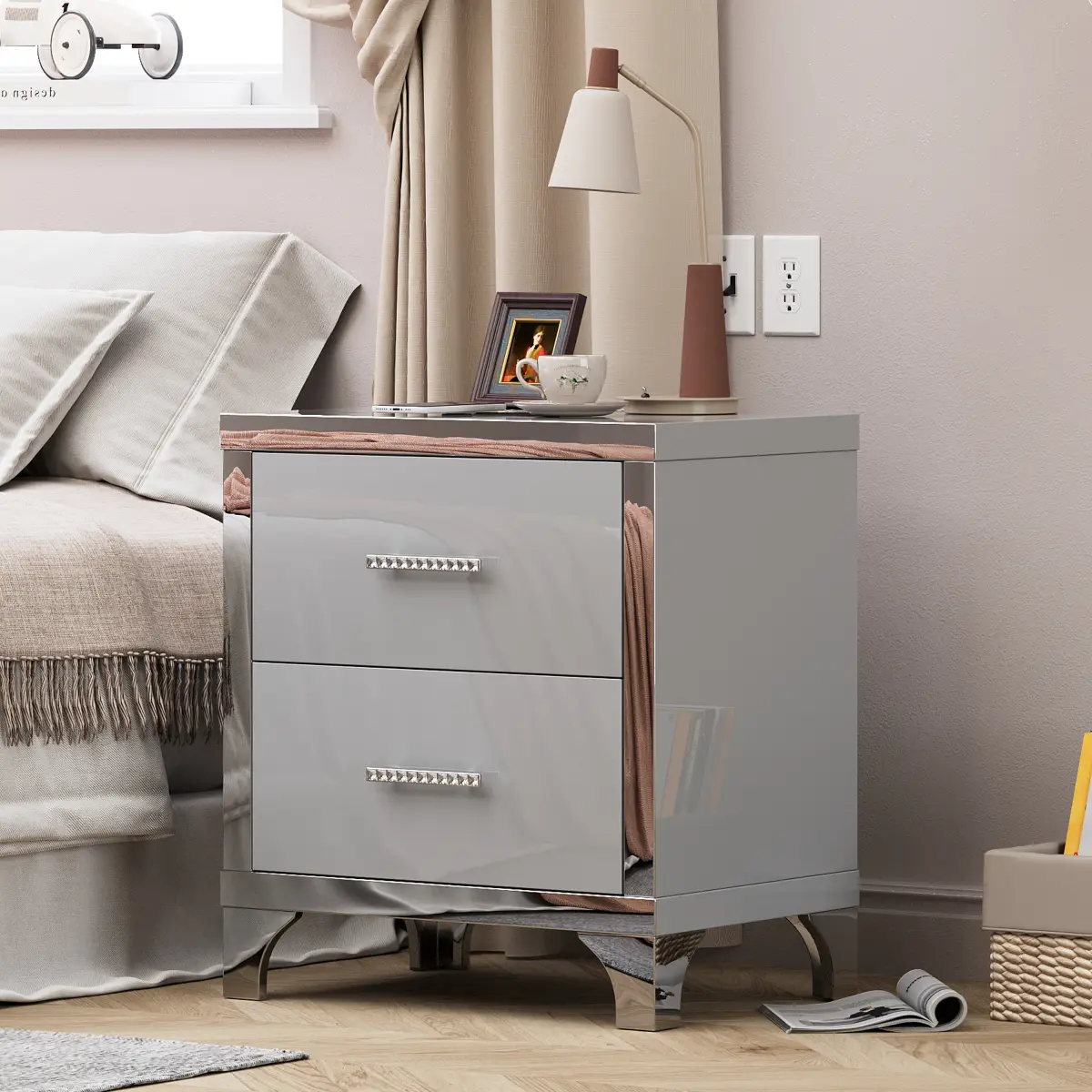 Nightstand High Gloss Mirrored Bedside Table Modern End Table with 2 Drawers, Mirrored High Gloss Wood Bedside Table Metal Handle Bedside End Table for Bedroom, Dorm,Living Room,Grey
