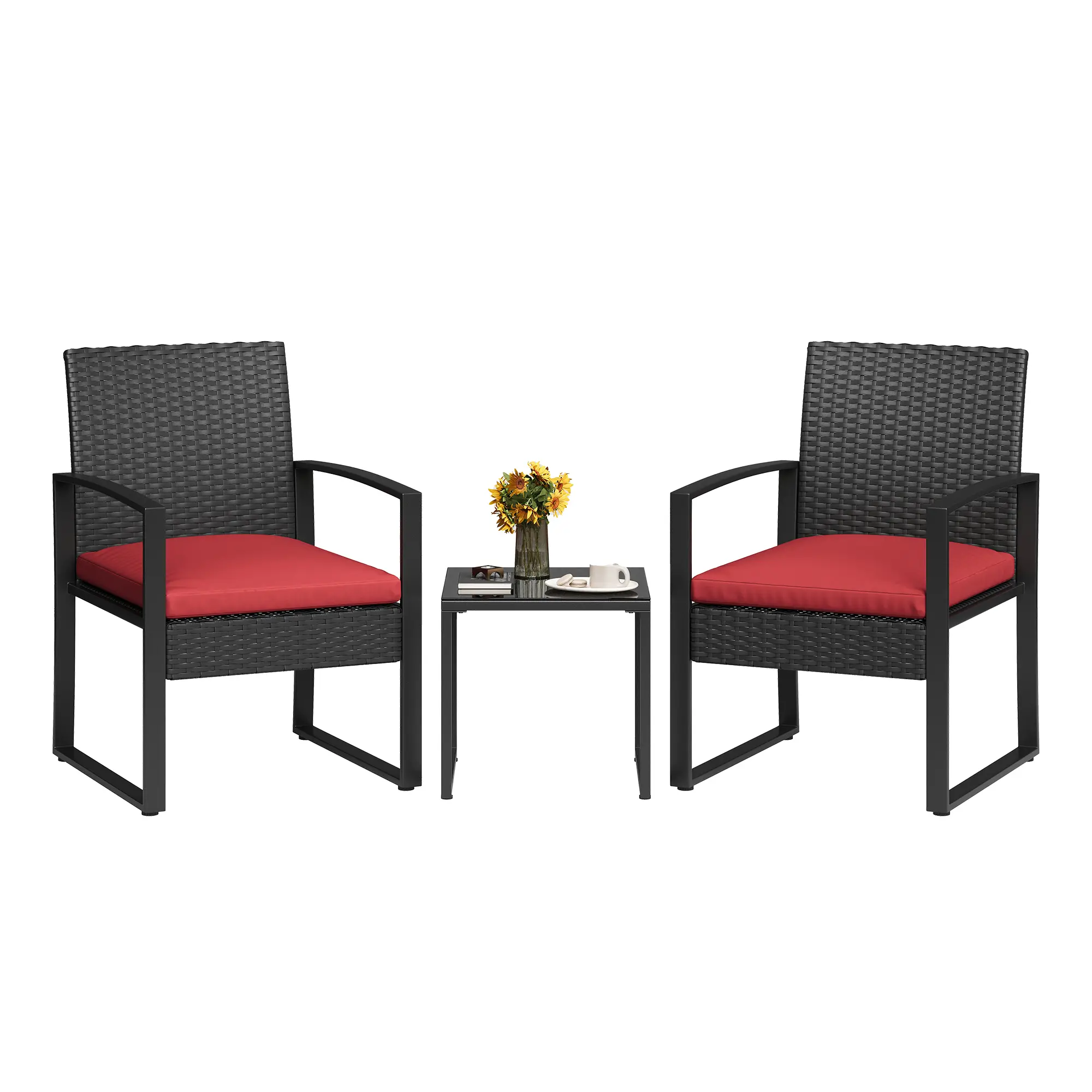 All-Weather 3 Piece Patio Bistro Set - Black Rattan Outdoor Bar Set with Tempered Glass Table - Conversation Chairs for Garden, Balcony, Backyard - Includes Modern Urban Style Cushions