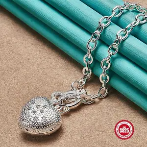 New Women's 925 Sterling Silver-plated Necklace Noble Heart Pendant Necklace Solid Silver Rolo Chain 19.68'' Birthday Party Jewelry Necklace Accessories,Birthday, Valentine’s Day gift.