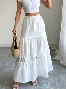Women's Casual Elegant A-Line French Lace Trim Drawstring Waist Maxi Dress, Summer Vacation Wear, Loose-Fitting Skirt, Bottom, All Seasons, Womenswear