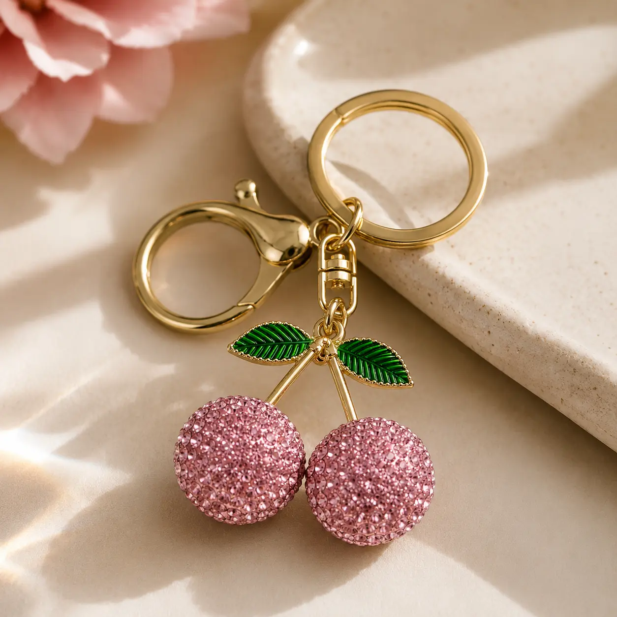 Pink Cherry Decorative Metal Keychain - Pink