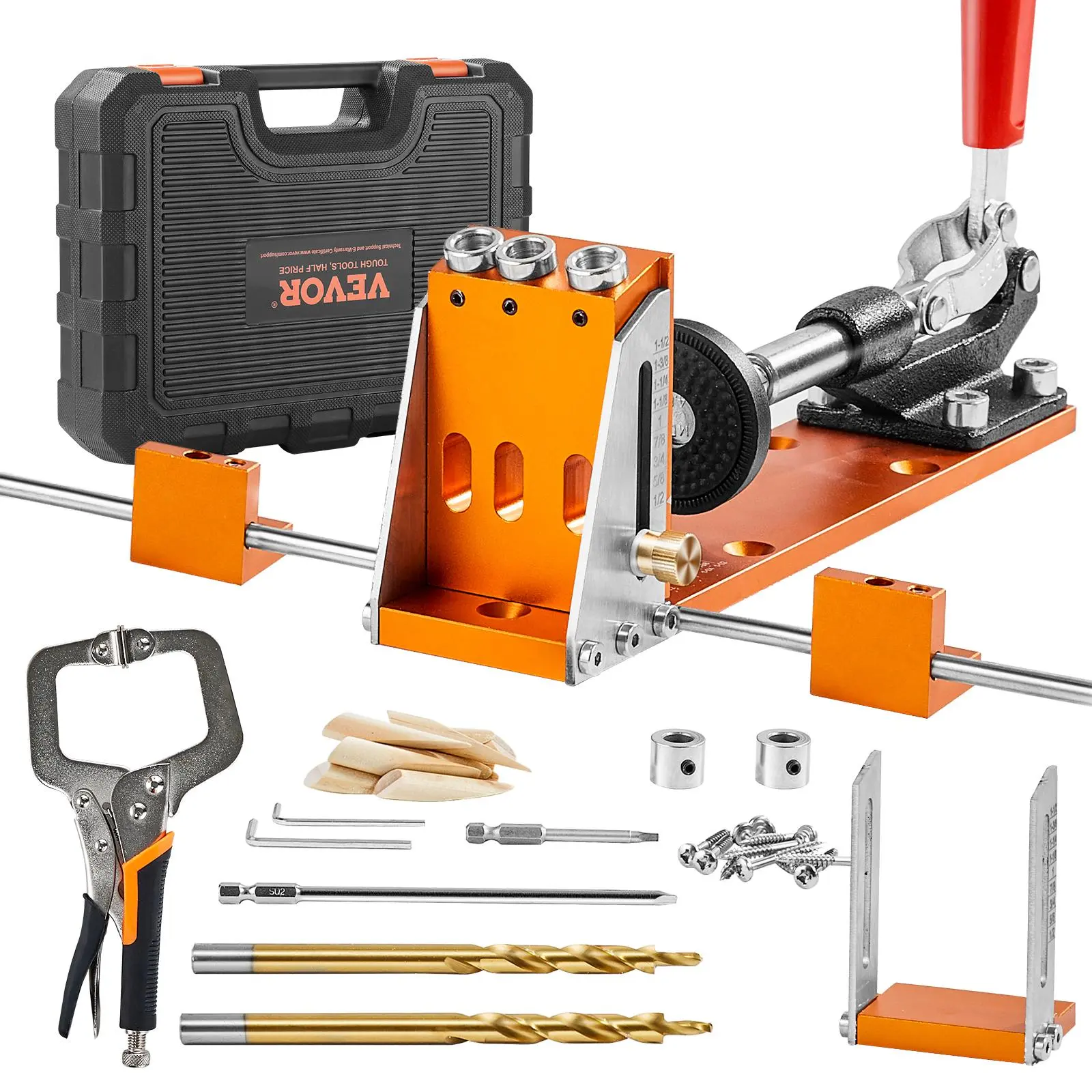 【Summerfinds】VEVOR Pocket Hole Jig Kit, 34 Pcs Pocket Hole Jig System with 11" C-clamp,  Fixture, Step Drills, Wrenches, Drill Stop Rings, Square Drive Bits, Toolbox, Adjustable, for DIY Carpentry Projects  VEVOR Super Brand Day