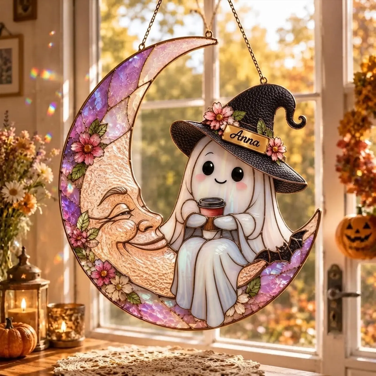 Cute Ghost Witch on Crescent Moon Personalized Name Suncatcher - High Quality Acrylic Stained Glass Style Ornament - Unique Spooky Season Home Decor & Custom Gift for Halloween Lovers
