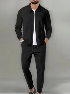 Men's Solid Color Zip-Up Jacket & Pants Set, Casual Long Sleeve Collared Outerwear, Gym Workout Running Apparel for Spring Fall, Sweat Suit, activewear set, casual sportswear, Athletic Tracksuit Set