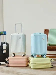 14 Inch New Hard Shell Luggage USB Cup Holder Phone Stand, Detachable Wheels, Stripes Pattern, Casual Style, All Seasons Use, Travel Essentials Carryall