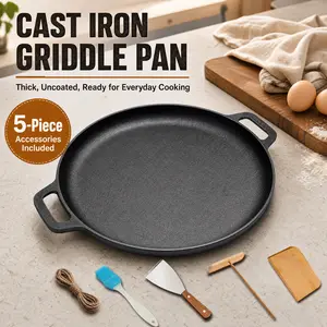kitchen suppliesExtra-Thick Cast Iron Griddle Pan with Dual Handles — Uncoated, Flat-Bottomed Skillet for Roasting, Frying Eggs, and Making Pancakes — Includes a 5-Piece Accessory Set (Anti-Scald Hemp Rope, Brush, Spatula, etc.)