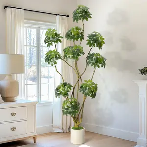 Garvee and Garvee Multi-Trunk Artificial Schefflera Trees with Realistic PE Leaves, Natural Wood Trunks, Decorative White Planters, Maintenance-Free Large Indoor Faux Plants, 150 cm for Home and Office