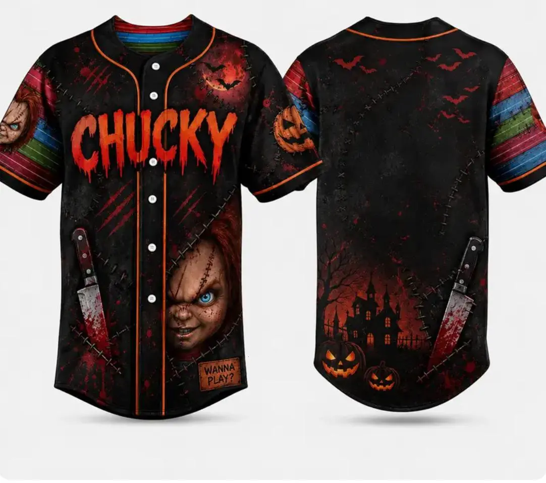 Horror Movie Baseball Jersey, Unisex Halloween Horror Shirt for Men Women, Chucky Jersey for Halloween Outfits