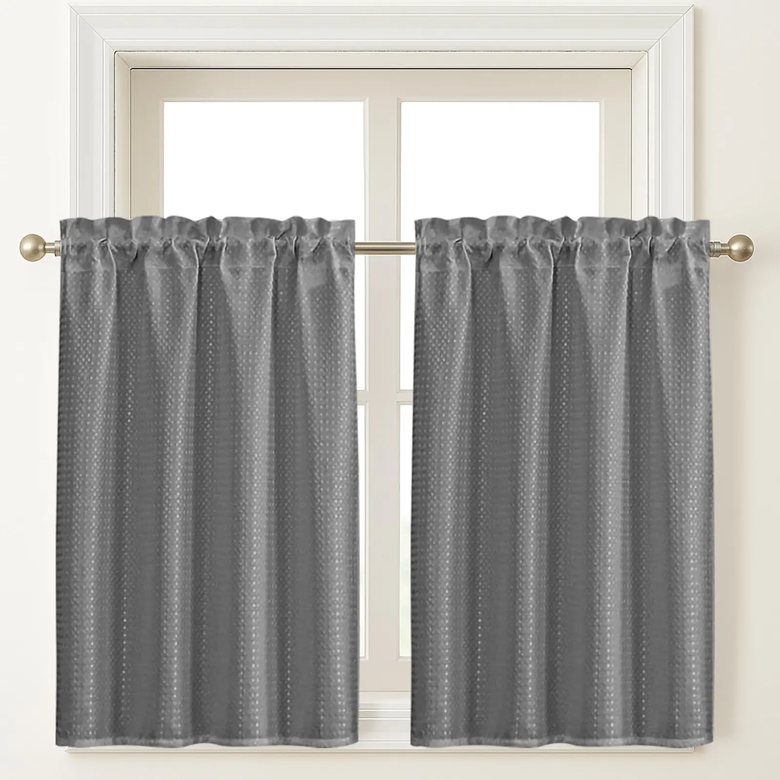 2pcs, Easy Install Curtain, Charcoal Grey Waffle Window Valance Curtain, Rod Pocket, Semi-Blackout, Solid-color Curtains, Home Decoration Curtain, W36"xH45"/ W91cmxH114cm