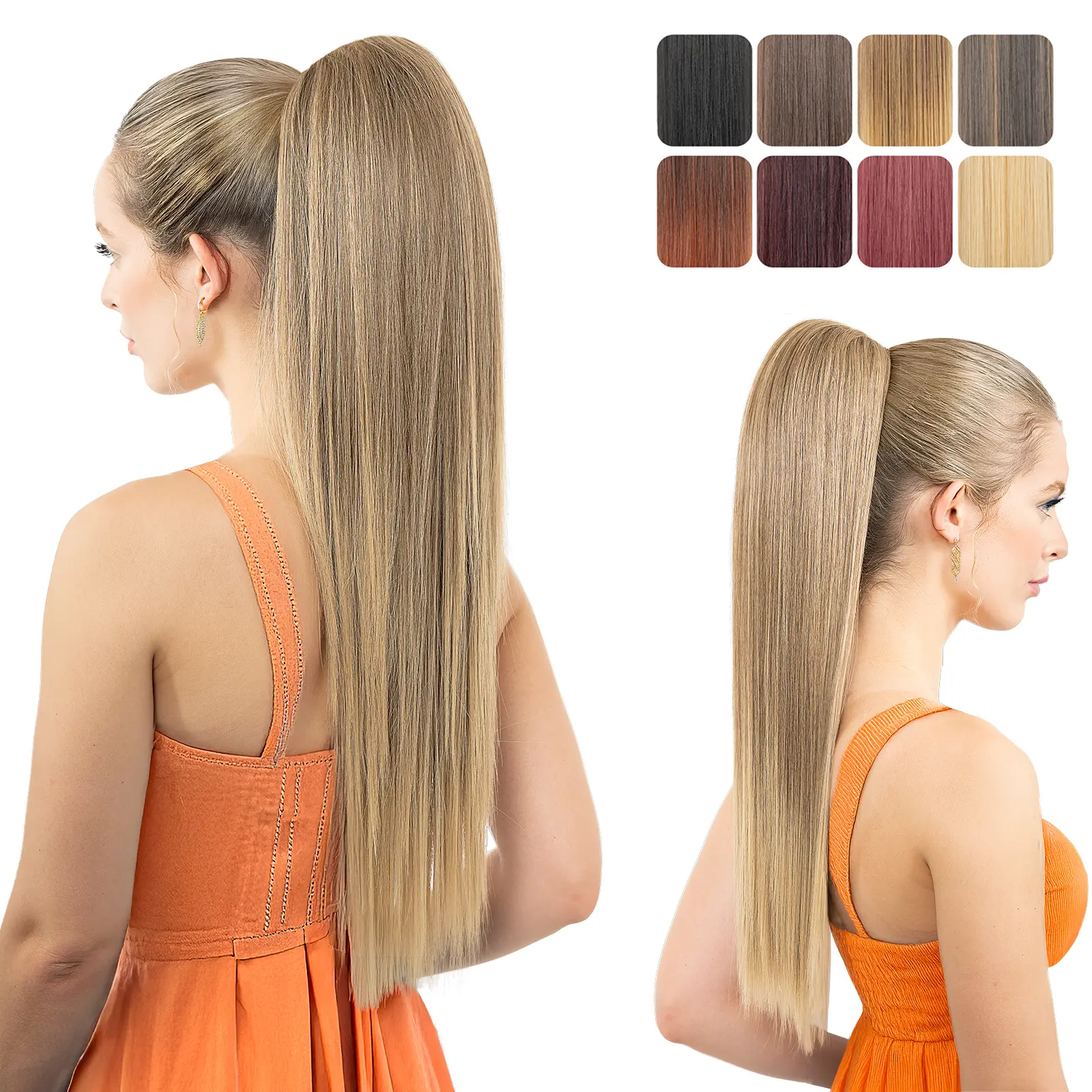 LuxeHair 24" Extra Long Straight Claw Clip Ponytail Extension, Heat Resistant Fiber, 3-in-1 Reversible 2-Style, Ponytail Hairstyles, Blonde Straight Synthetic Extensions & Pieces, Multi-Color Available, Chestnut Brown/Blonde Hl