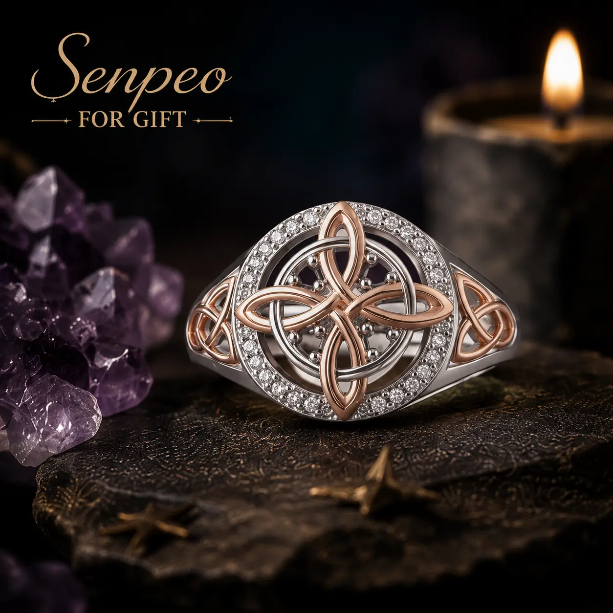 Rose Gold Plated Witches Knot Ring, Anillo Nudo de Bruja Original Celtic Knot Jewelry, Cubic Zirconia Decorated Witch’s Knot Ring, Witchtok Witch Jewelry Pagan Jewelry for Devotion and Protection Valentine’s Day gift