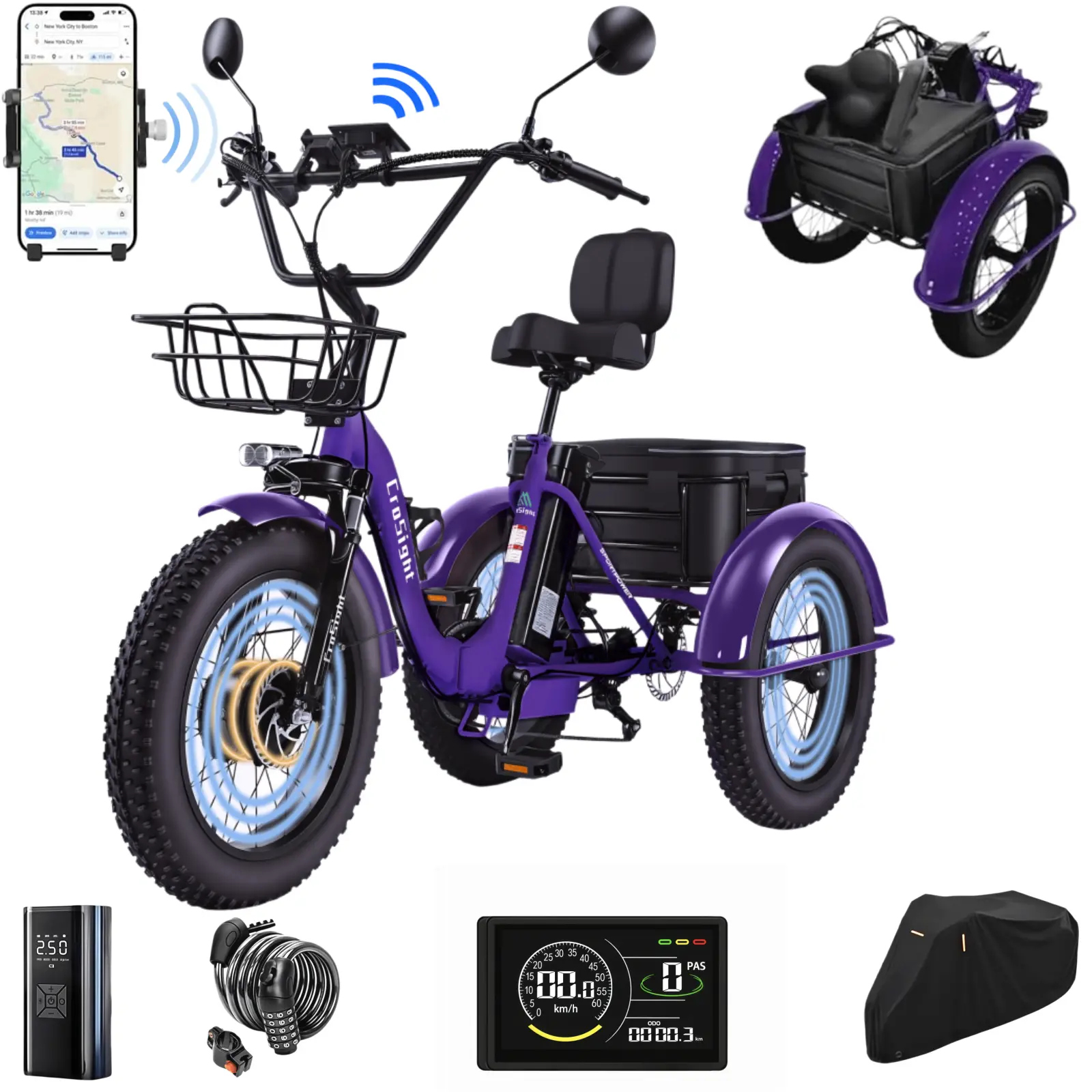 CroSight T3 Pro Adult Size Folding Fold Electric Trike (Trike Shape) - 85% Pre-Assembled, Rear-Wheel Drive, Differential for Stability, Wide Comfort Seat, 20x4 Fat Tires, 1700W Peak 48V 20Ah Removable Battery, UL 2849, for Daily Commute & E-Bike Ride, Wid