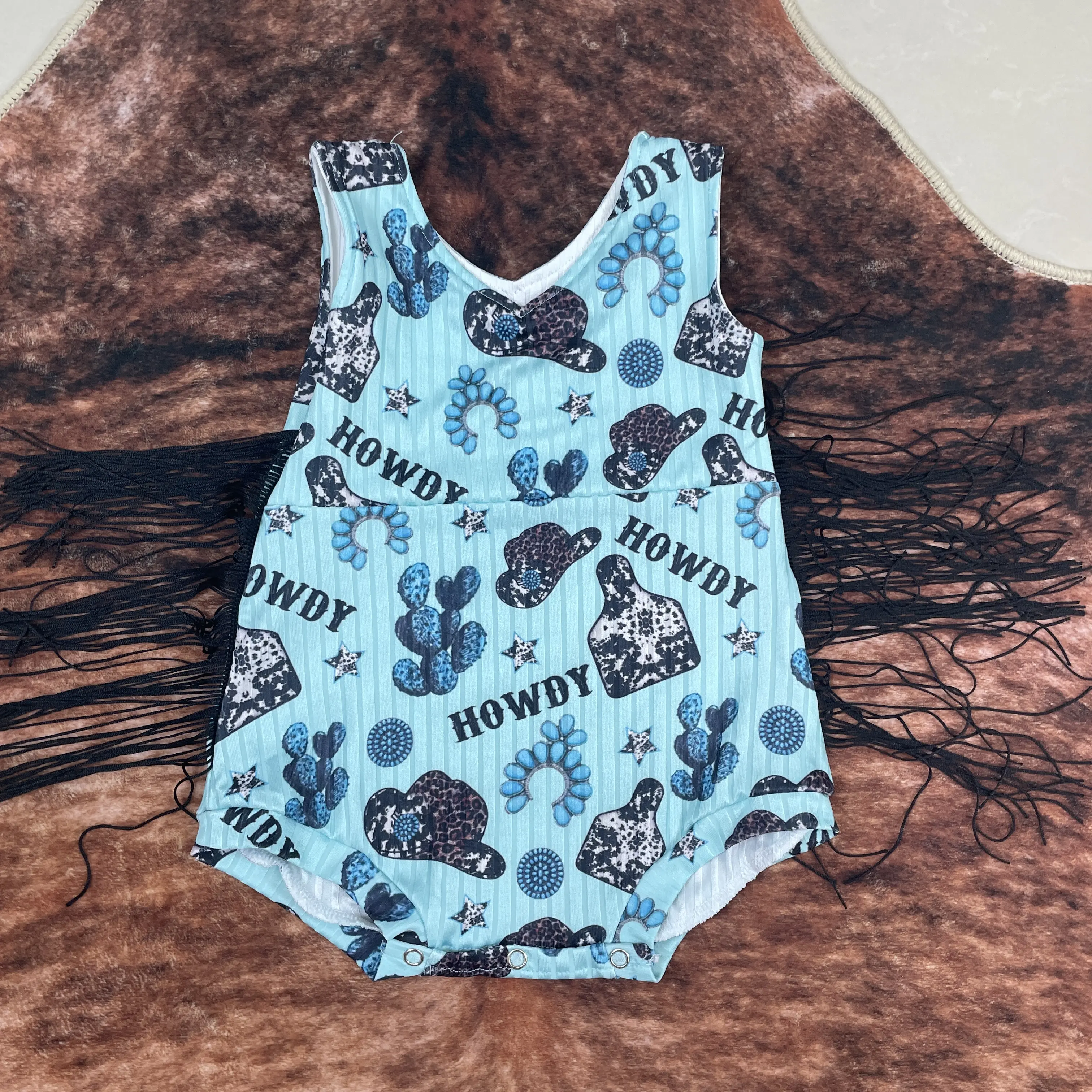 Baby Girl Western "Howdy" Summer Romper Set, Turquoise Cotton Blend Bubble Onesie Bodysuit with Matching Hat for Newborns