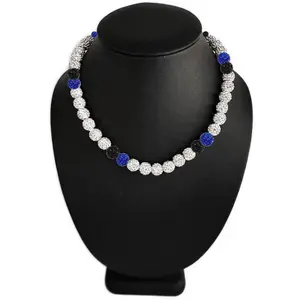 Iced Bling Disco Ball Rhinestone Crystal Bead Baseball Necklace Silver Snow Collection Royal Blue