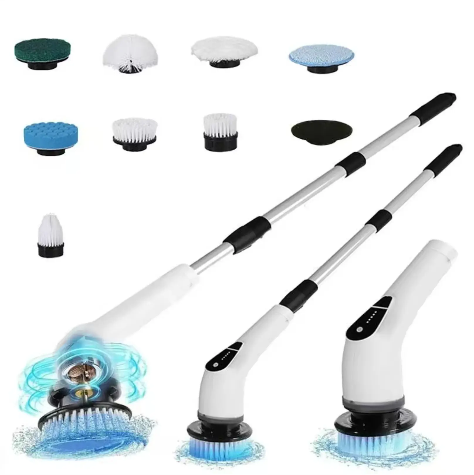 Cordless Electric Spin Scrubber Squeegee with Telescopic Rod, 8 Brushes, Adjustable Height Long Handle, 5 Speeds, USB-C Charging, 3H Charge, 90Min Runtime, Multi-Surface Multipurpose Cleaning Tool, Father's Day Gift homeessentials