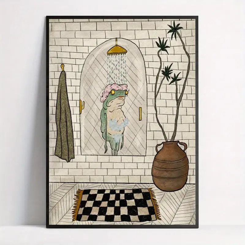 Charming Frog Bath Art Print - Unframed Retro Wall Decor for Living Room, Bedroom, and Home Office.Art prints unframed. Glossy