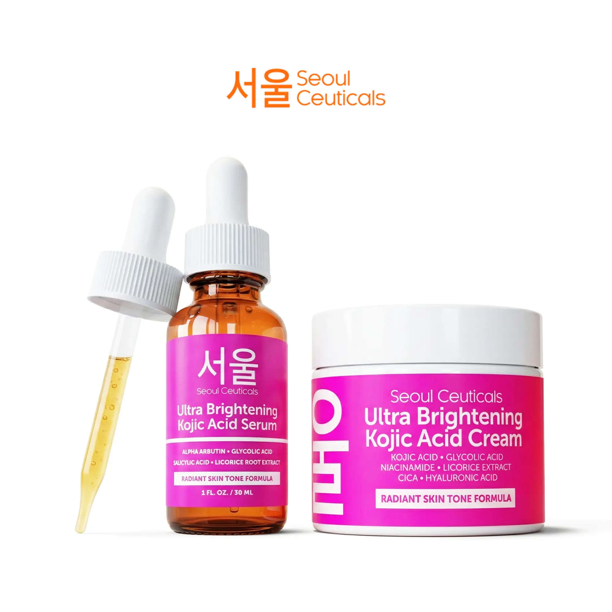 Kojic Acid Cream and Serum Duo - SeoulCeuticals Bundle - Brightening Exfoliating and Moisturizing - All Skin Types