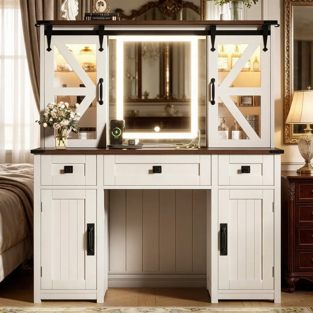 43.3" Large Makeup Vanity Desk with Lighted Mirror & Charging Station, Farmhouse Dressing Table, Vanity Desk with Sliding Barn Door, 3 Drawers & 4 Cabinets,for Girl Woman Bedroom,Beige