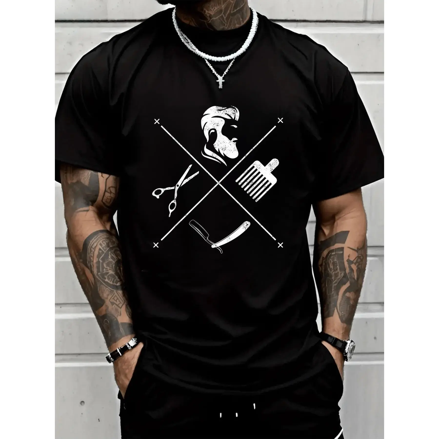 Barber Graphic T-Shirt for Hairdressers, Unisex 100% Cotton Streetwear Top, Casual Short Sleeve for Work & Daily Wear, Loose, Menswear, Round Neck, Cotton Fabric, All Seasons