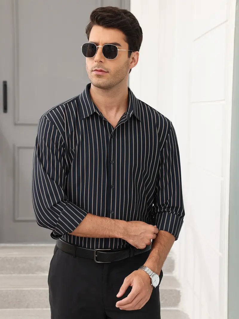 ELENCOCO Long Sleeve Thickened Stretch Shirt Longsleeves Blouse Striped Outdoorfun,Menswear,Father's Day gift,Tiktok shop deals,Gifts for him,Valentines day outfit Casual Crew Neck Casual Classy Fashion