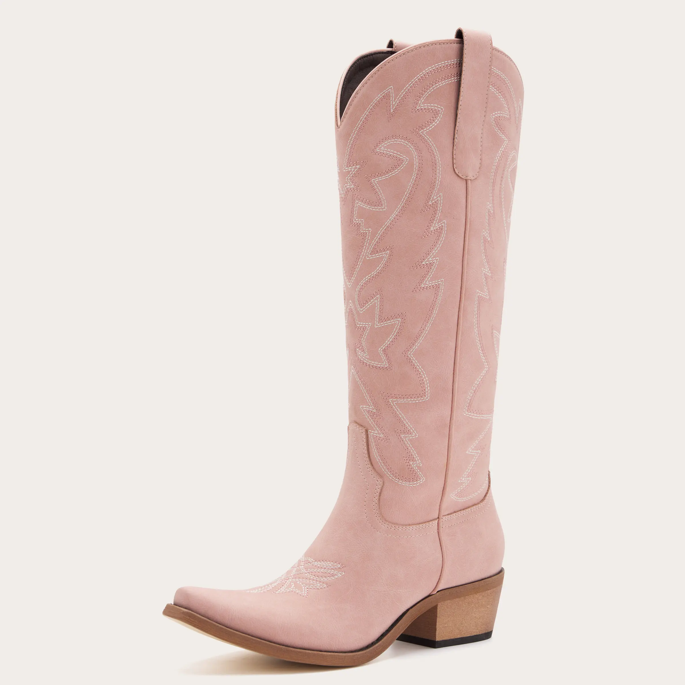 Vintage-Inspired Embroidered Cowgirl Boots for Women Soft Pink Vegan Leather with Intricate Floral & Abstract Embroidery Classic Pointed Toe Design for Casual & Dressy Occasions Walking Boots