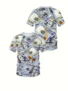 Men's New Dollar 3D Printed Summer Suit, Men's Short Sleeve T-Shirt, Casual Fitted Long Top, All Seasons, No Zipper, Without Collar