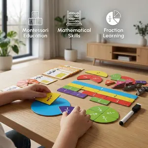 Montessori Math Fraction Manipulatives Learning Set, Math Learning Tools, Includes Fraction Circles, Tiles, and Dry-Erase Activity Cards, Early Math Educational Materials, Color Coded STEM Learning Toy (Ages 3+)