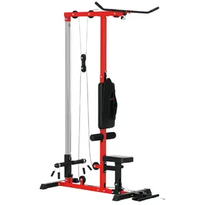 Soozier Cable Machine, LAT Machine with High and Low Pulley Stations, Cable Row Machine with Adjustable Seat and Flip-Up Footplate, for Home Gym, Black and Red