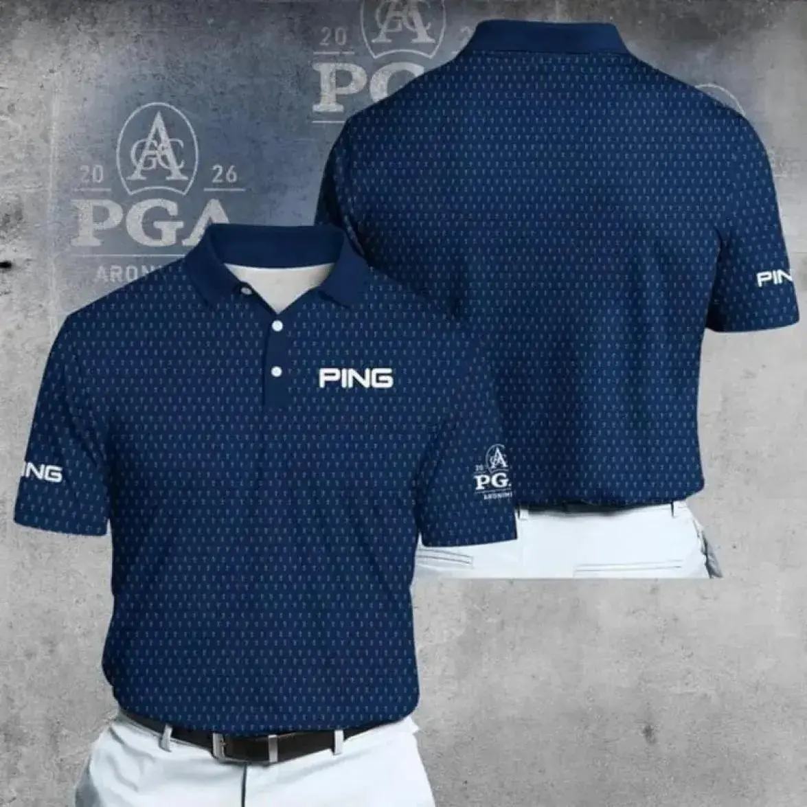 2026 PGA Trophy Pattern Polo Shirt for Men – Blue Lightweight Performance Golf Top