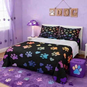 Dog Paw Print Kids Sheet,Animal Pet Neon Bedding Set,Girls Boys Adults Bedroom Decor,Puppy Kawaii Cartoon Colorful Rainbow Bed Sheet Set,(Fitted Sheet + Flat Sheet )