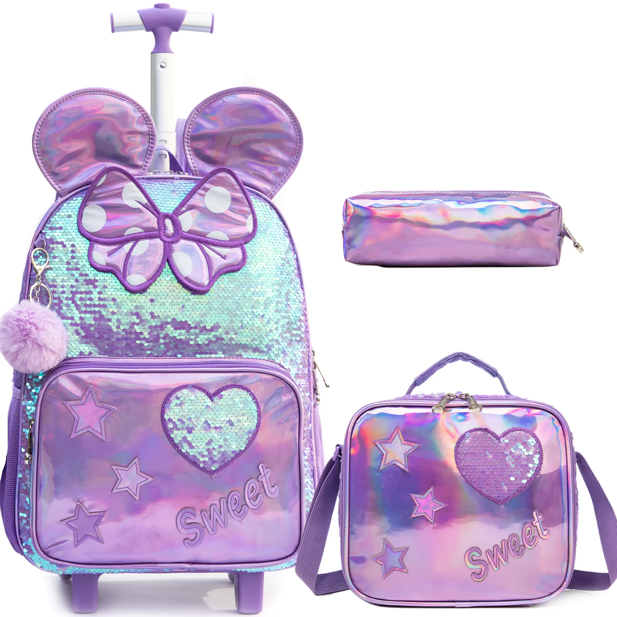 Rolling Bookbag Set for Kids, Cute Unicorn 3-Piece Nylon Pack with 2 Wheels, Insulated Lunch Box and Pencil Case for Back to School, Hand Wash Only, Rolling Wheels, Set Pack