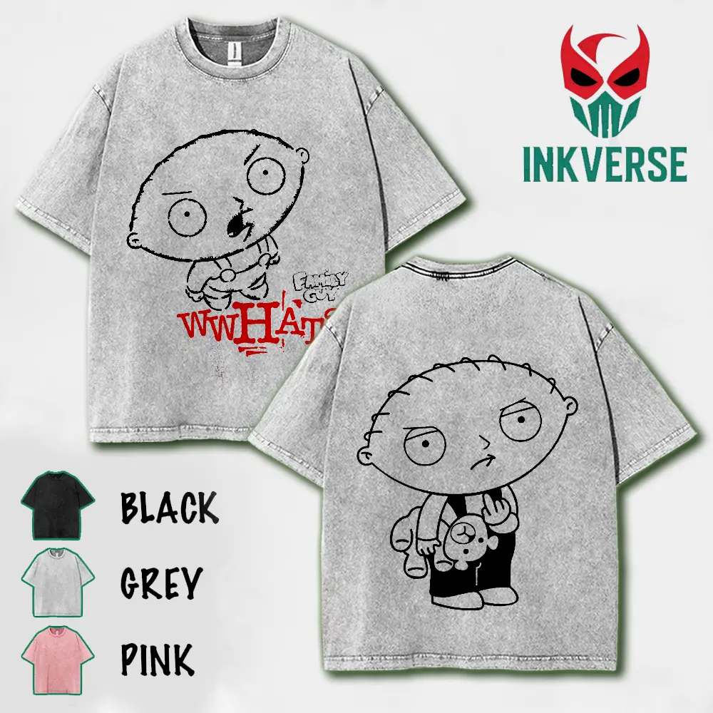 FAMILY GUY - Stewie Griffin - Cartoon Washed Cotton Shirt, Adult Swim Shirt, Graphic Tee, Cartoon Double Printed Vintage Washed Tee Cotton T-shirt Fabric Menswear Top Collar