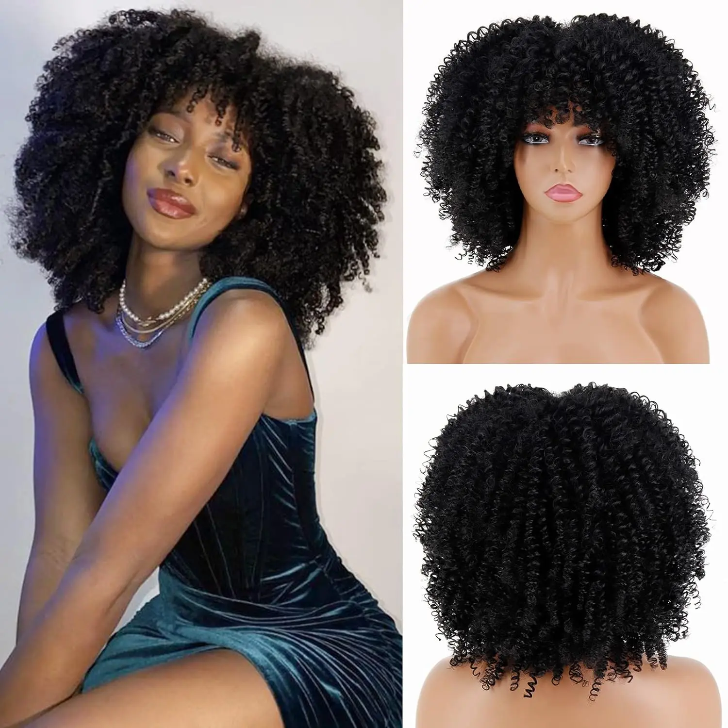 Xinran Black kinky Curly Wigs for Black Women, Short Black Curly Afro Wig with Bangs, Synthetic Heat Resistant Full Afro Curly Black Wigs for Daily Party(Natural Black) black friday 2024 gifts for girlfriend