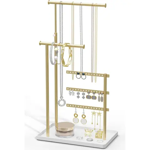 Jewelry Holder Organizer Stand - Adjustable Tall 17.5" (Max), Gift for Women, Gold Jewelry Hanger for Necklaces, Earrings, Bracelets, Rings