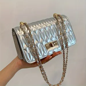 Metallic Golden Quilted Flap Chain Strap Mini Crossbody Bag with Twist Lock Closure - Business Casual Synthetic Synthetic Leather Purse for Women, Teen s, College Students & White-Collar Workers